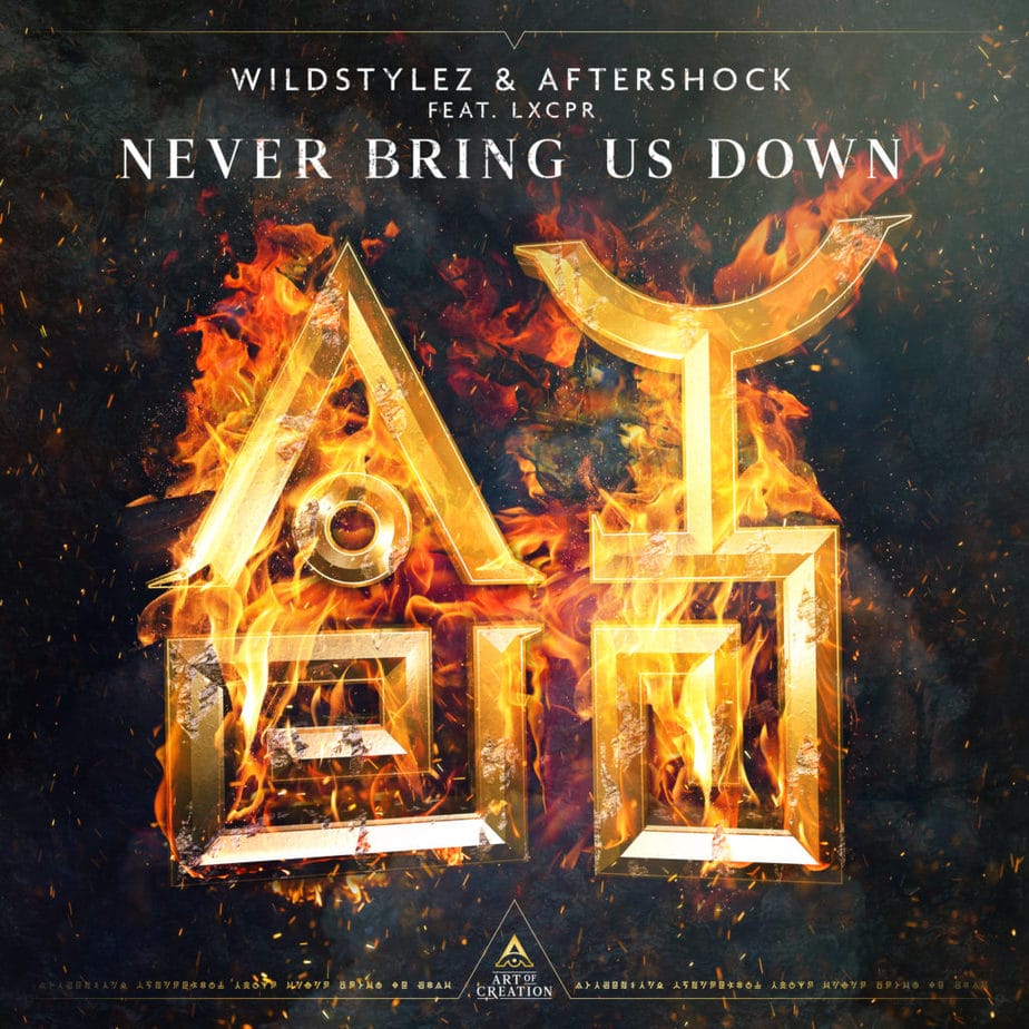 cover artwork for "Wildstylez & Aftershock - Never Bring Us Down (Feat. LXCPR)"